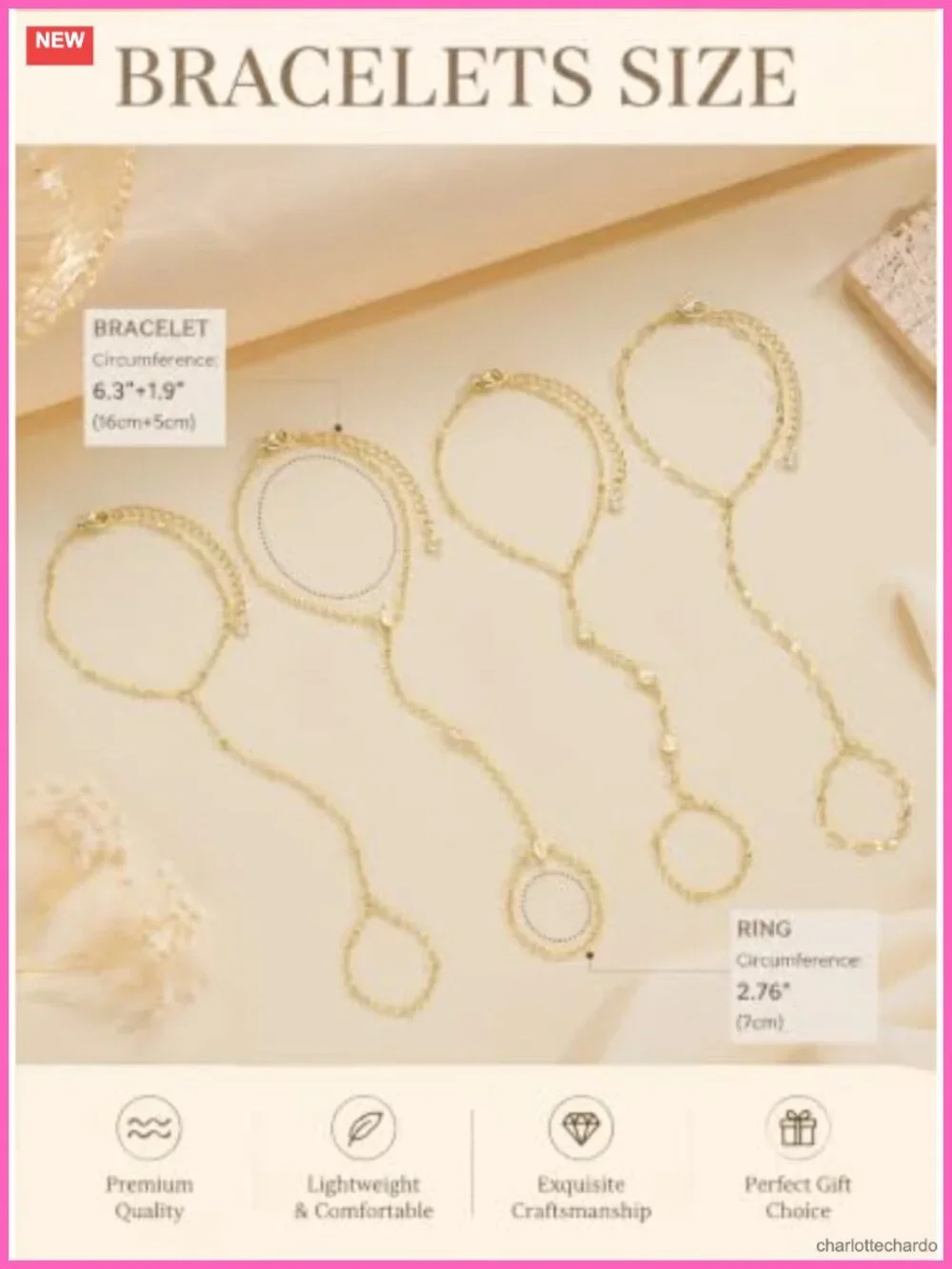 14K Gold Plated Dainty Hand Chain Bracelet Set for Women Stackable Ring